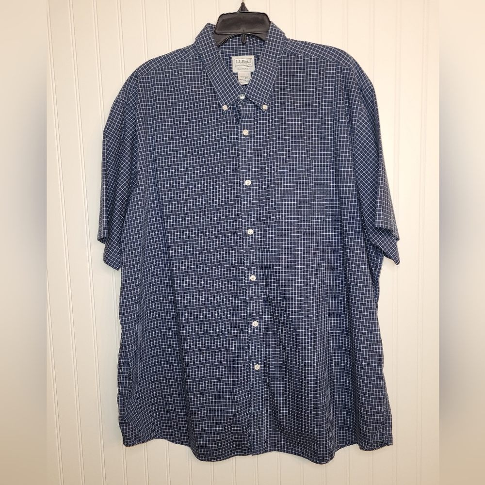 Men's L.L. Bean Blue Patterned Shortsleeve cotton button-down shirt sz XXL